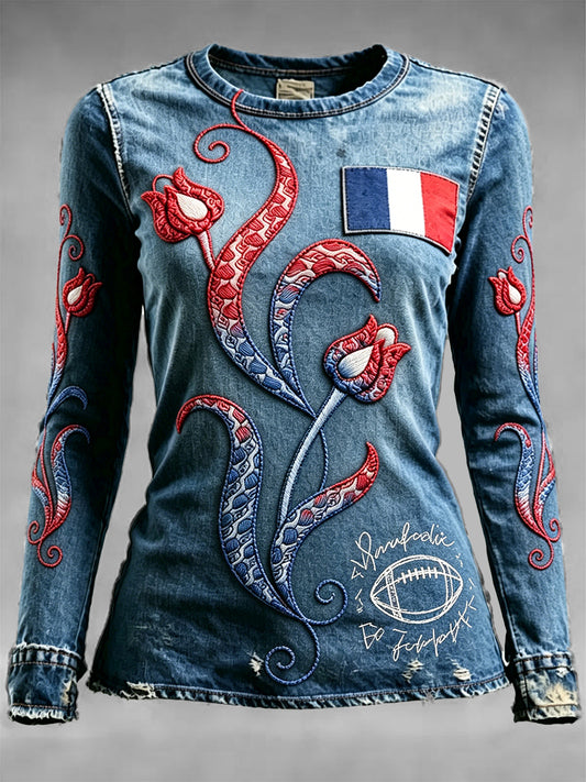 Women's French Flag Rugby 3D Print Vintage Casual Long-Sleeve T-Shirt