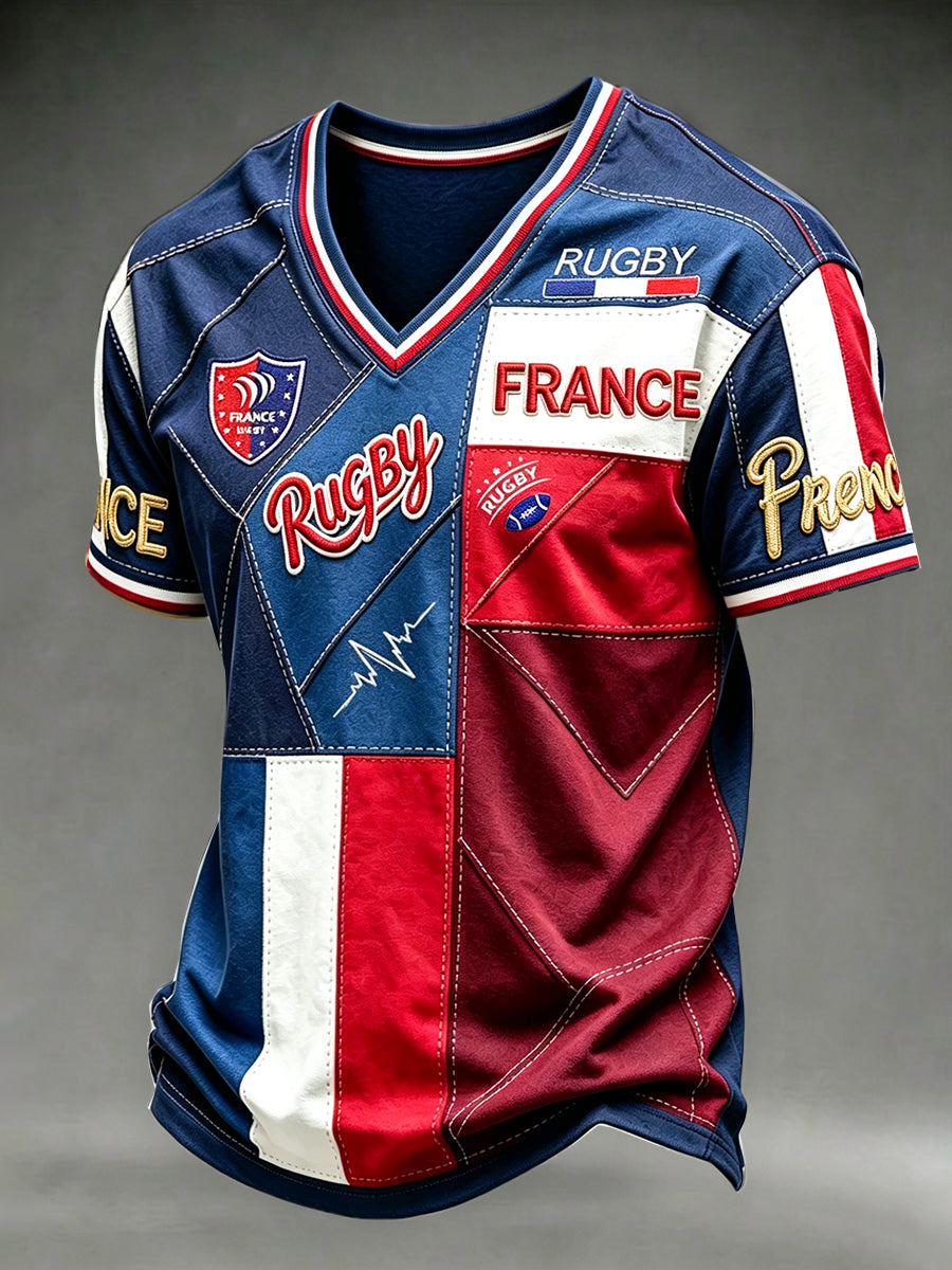 Men's French Rugby Patchwork 3D Print Casual V-neck T-shirt
