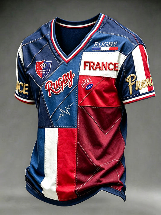 Men's French Rugby Patchwork 3D Print Casual V-neck T-shirt