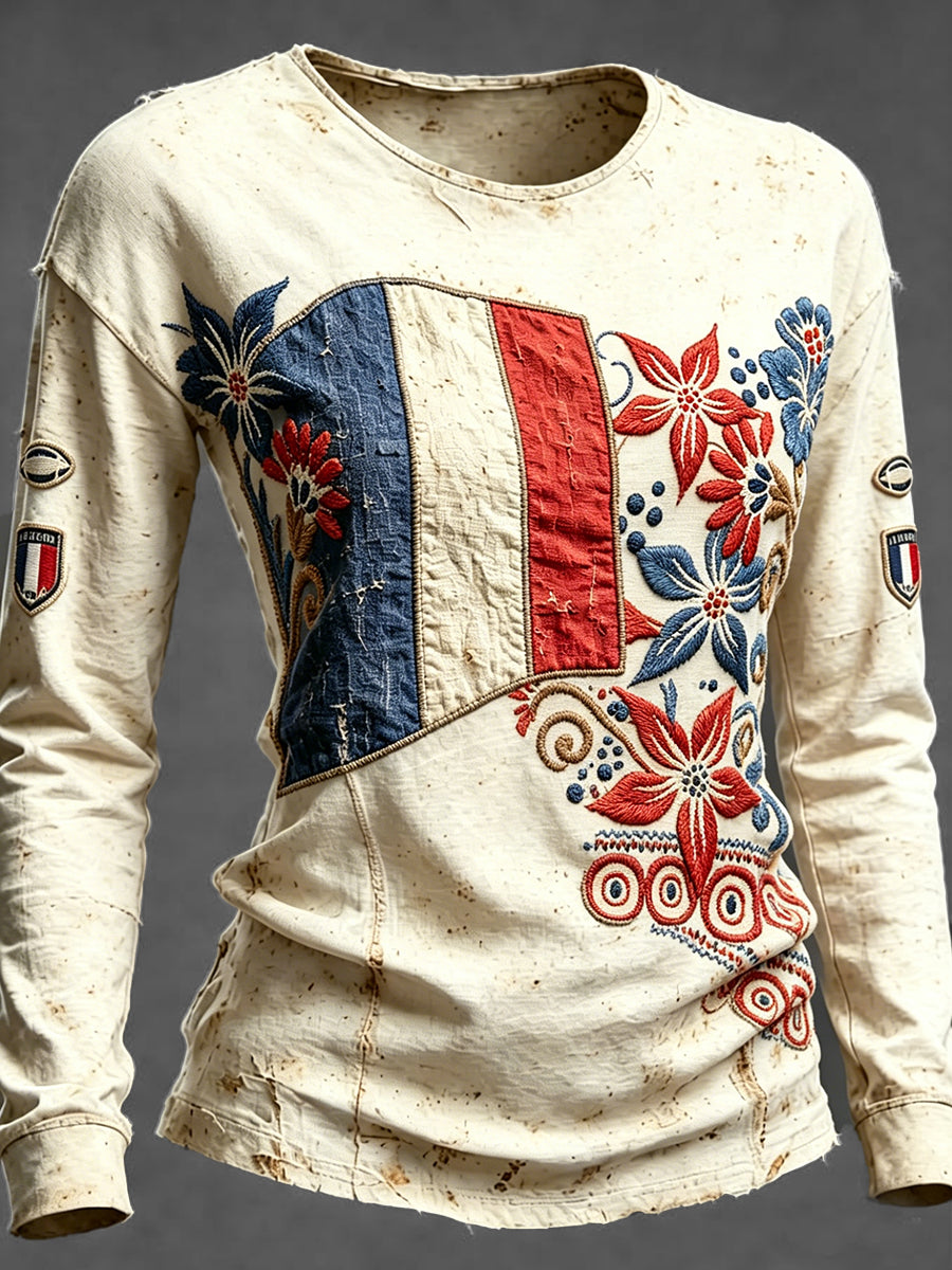 Women's French Flag Rugby Patchwork Print Vintage Casual Long-Sleeved T-Shirt