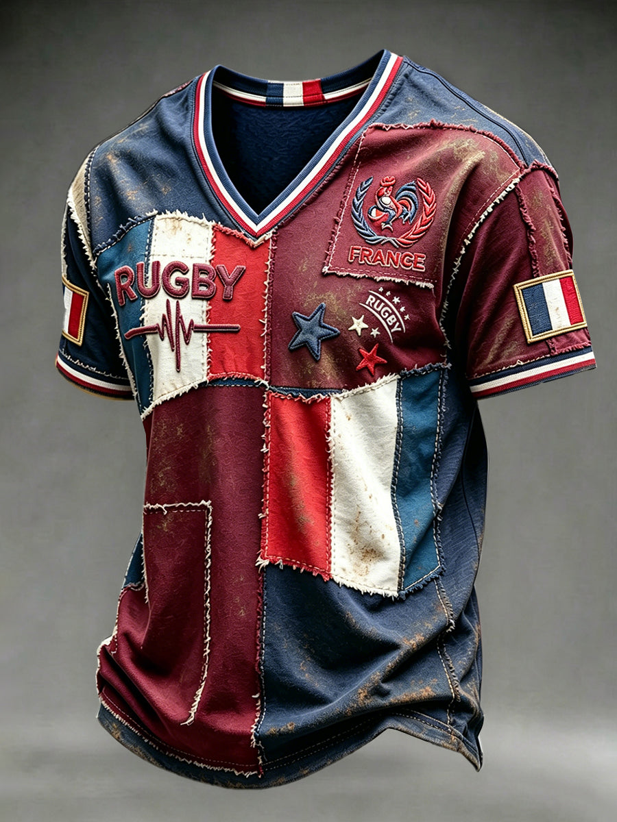 Men's Vintage French Flag Rugby Patchwork Print Casual V-neck T-shirt