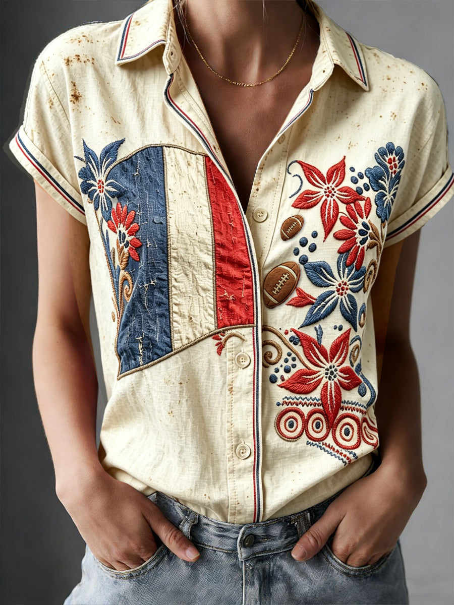 Women's Vintage Floral French Rugby Print Casual Short-Sleeved Shirt
