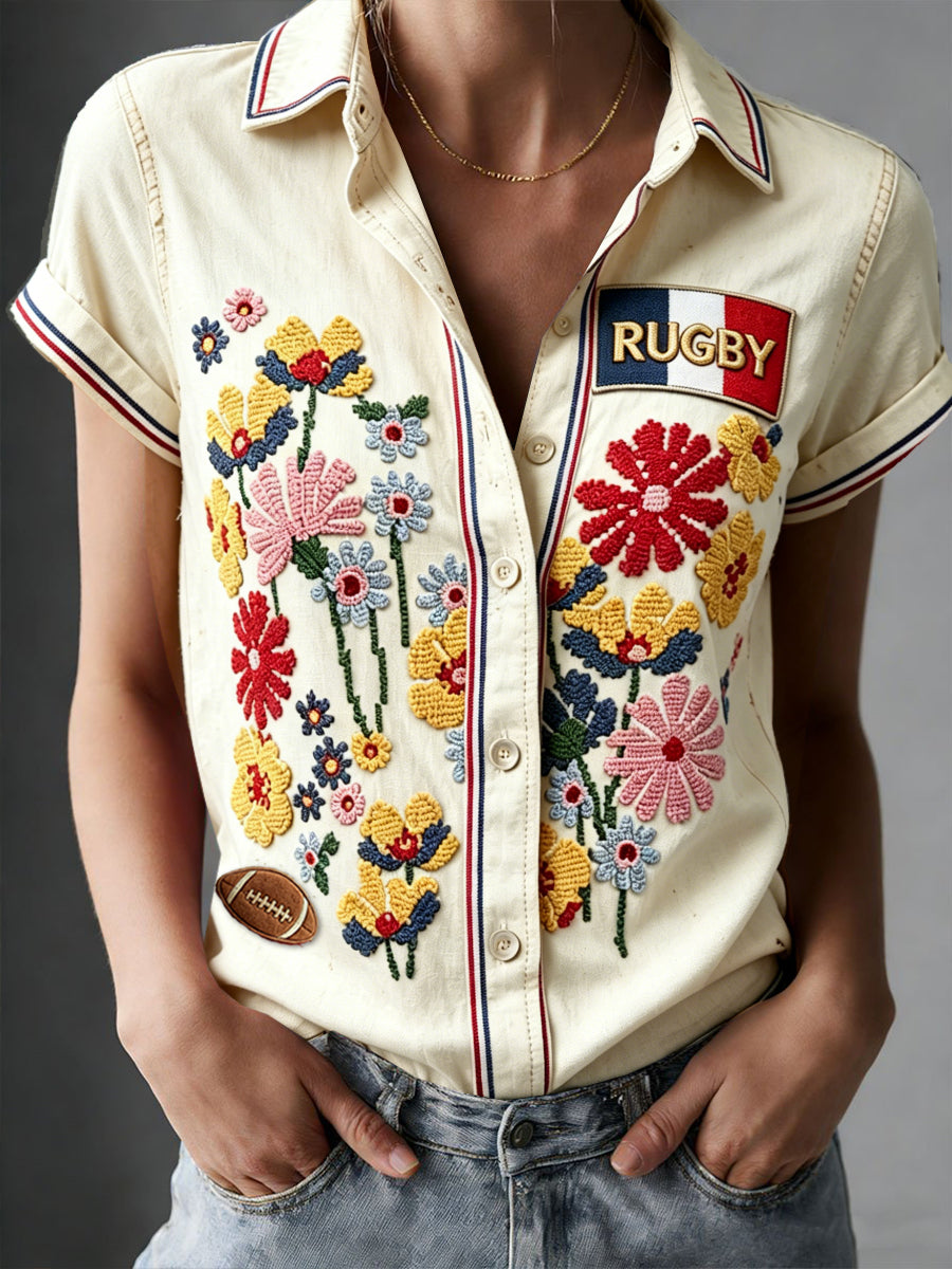 Women's Vintage Floral French Rugby Print Casual Short-Sleeved Shirt