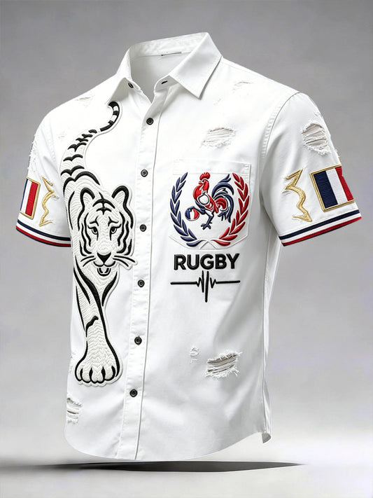 Men's White French Rooster Rugby-Style Distressed Print Casual Short-Sleeved Shirt