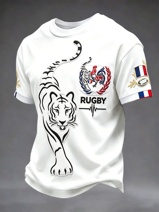 Men's White French RugbyRooster and Tiger Print Casual T-shirt