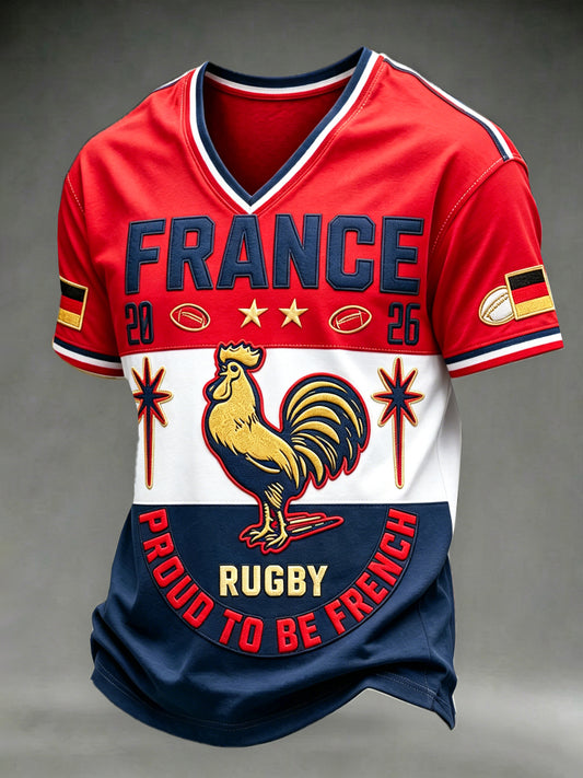 Men's French Rooster Rugby Patchwork Print Casual Fashion V-neck T-shirt