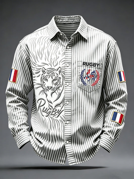 Men's French Rugby Rooster and Tiger Stripe Print Casual Shirt