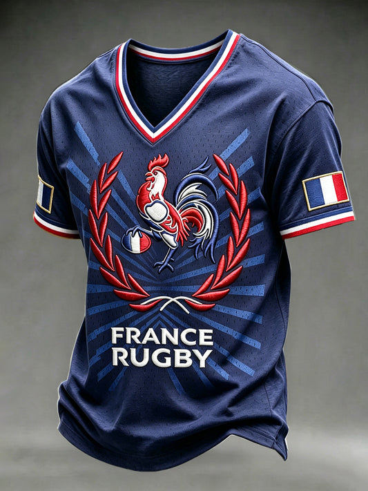 Men's Vintage Navy Blue Coq de France Rugby 3D Print Casual T-shirt
