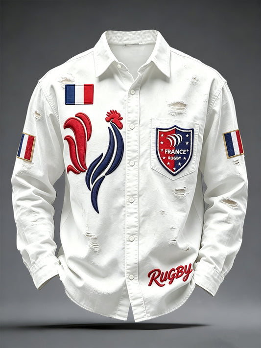 Men's White French Rugby Rooster Distressed Print Casual Shirt
