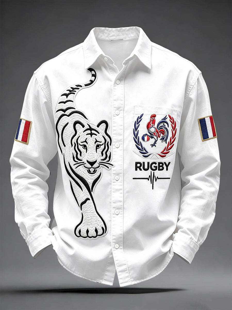 Men's White French RugbyRooster and Tiger Print Casual Shirt