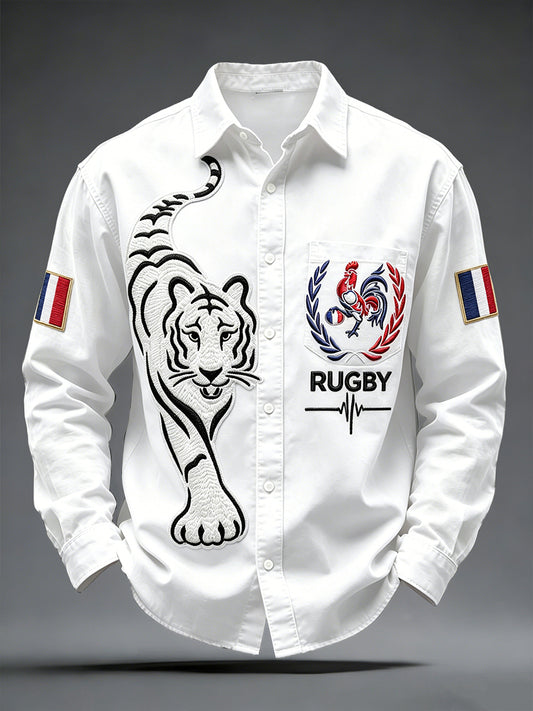Men's White French RugbyRooster and Tiger Print Casual Shirt