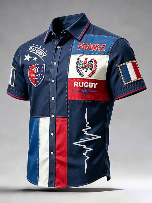Men's French Rooster Rugby Patchwork Print Casual Short-Sleeved Shirt
