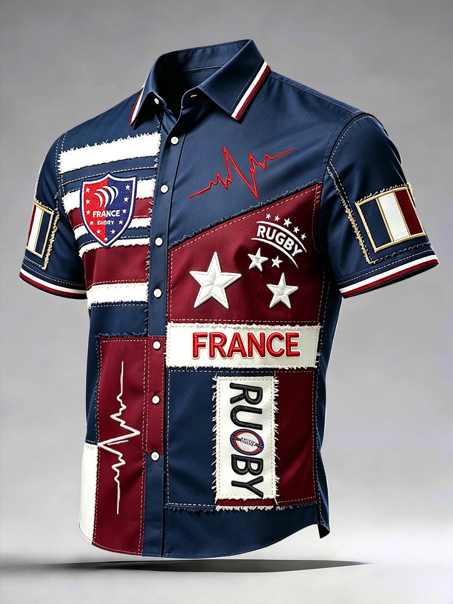 Men's French Rugby Patchwork 3D-Printed Casual Short-Sleeved Shirt