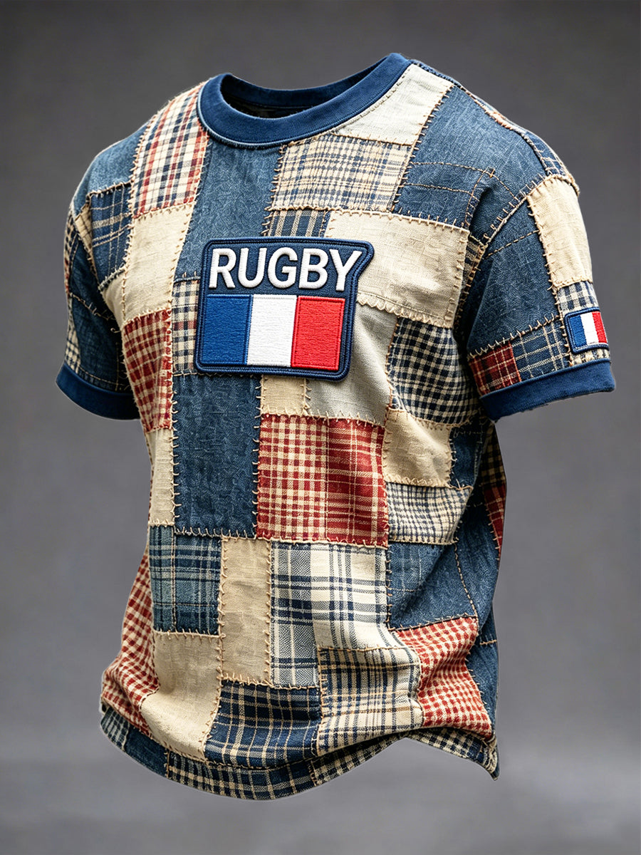 Men's French Flag Rugby Retro Patchwork Print Casual T-shirt
