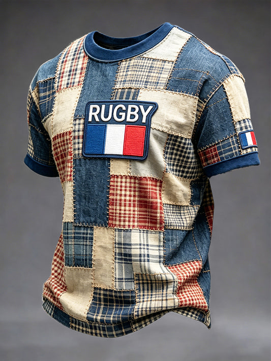 Men's French Flag Rugby Retro Patchwork Print Casual T-shirt