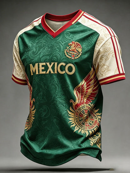 Men's Mexico Football Lover Printed V-neck T-shirt
