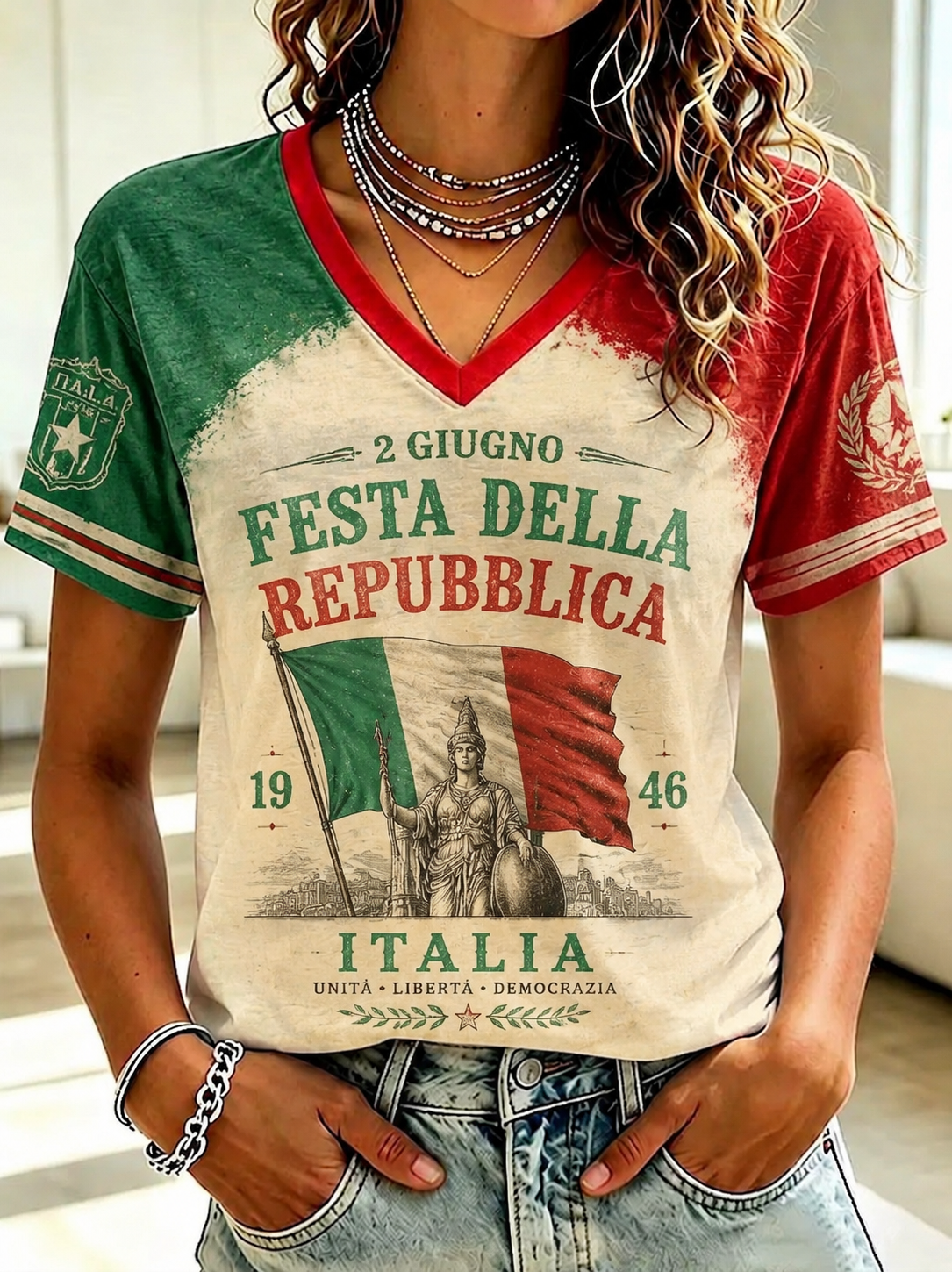 Women's Festa Della Repubblica Repvbblica Italiana Printed V-neck T-shirt
