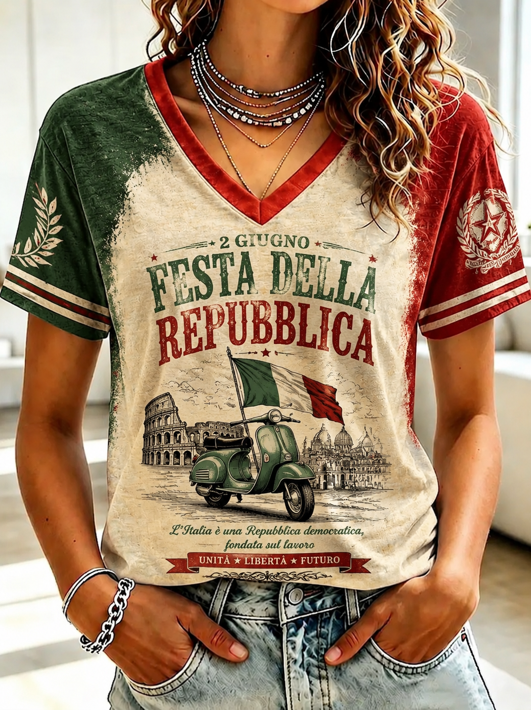 Women's Festa Della Repubblica Repvbblica Italiana Printed V-neck T-shirt