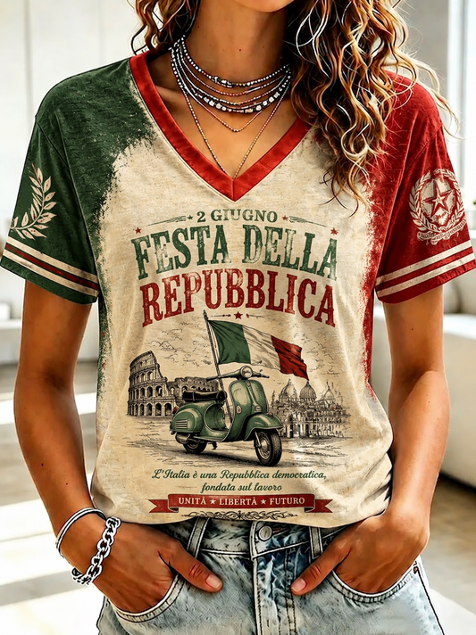 Women's Festa Della Repubblica Repvbblica Italiana Printed V-neck T-shirt