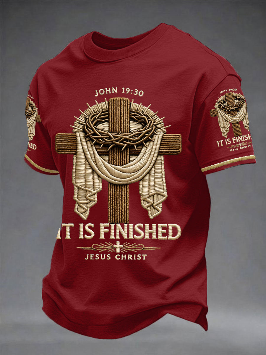 Men's He Is Risen It’s Finished Easter Jesus Christian Cross Print Casual Tee