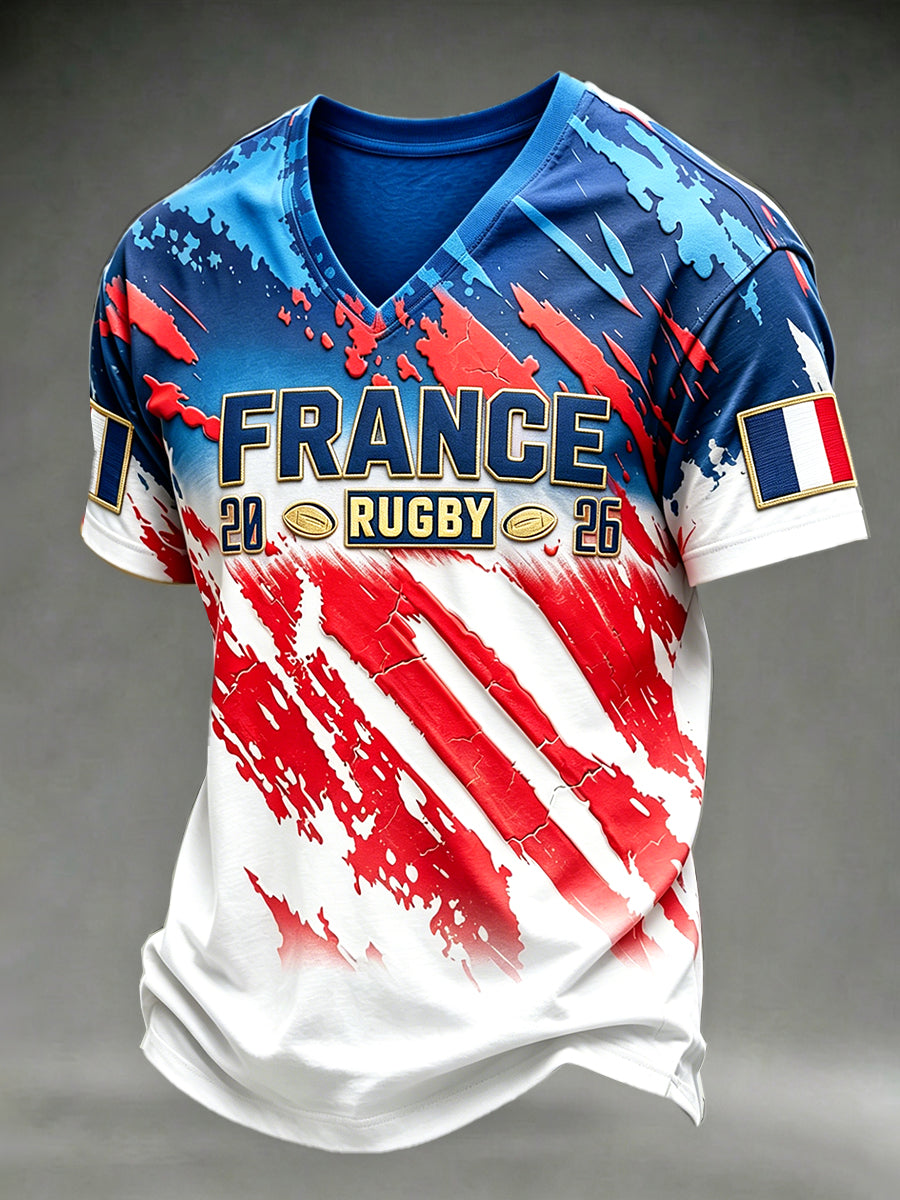 French Rugby 3D-Printed Casual T-shirt col en V pour hommes