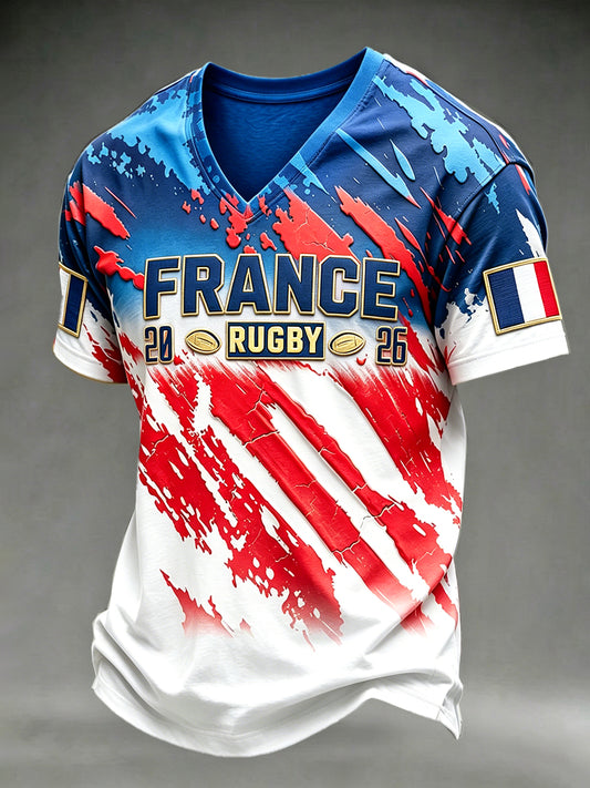 French Rugby 3D-Printed Casual T-shirt col en V pour hommes