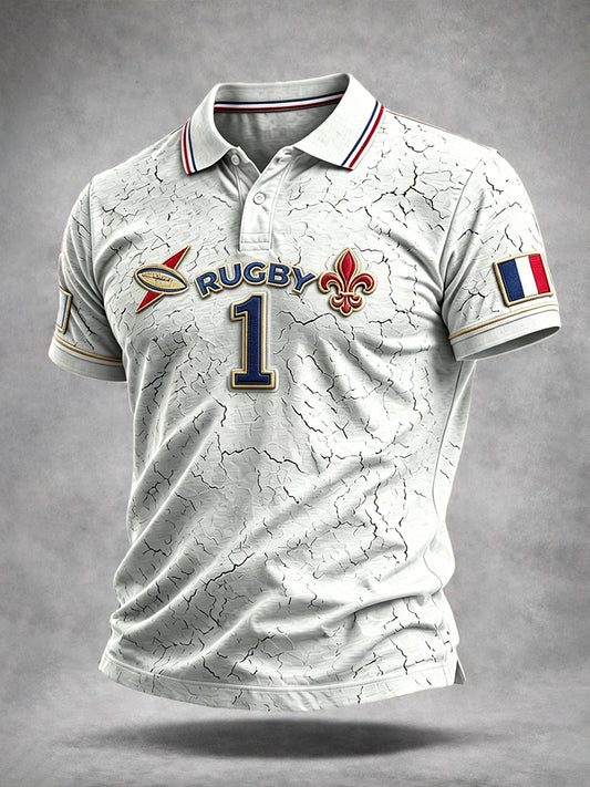 Polo décontracté gris clair à imprimé de rugby français pour homme