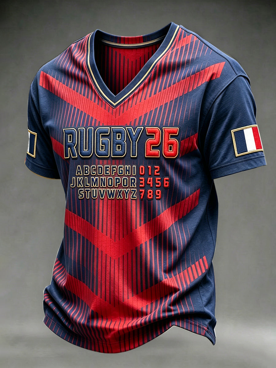 T-shirt à col en V à imprimé rugby français pour hommes