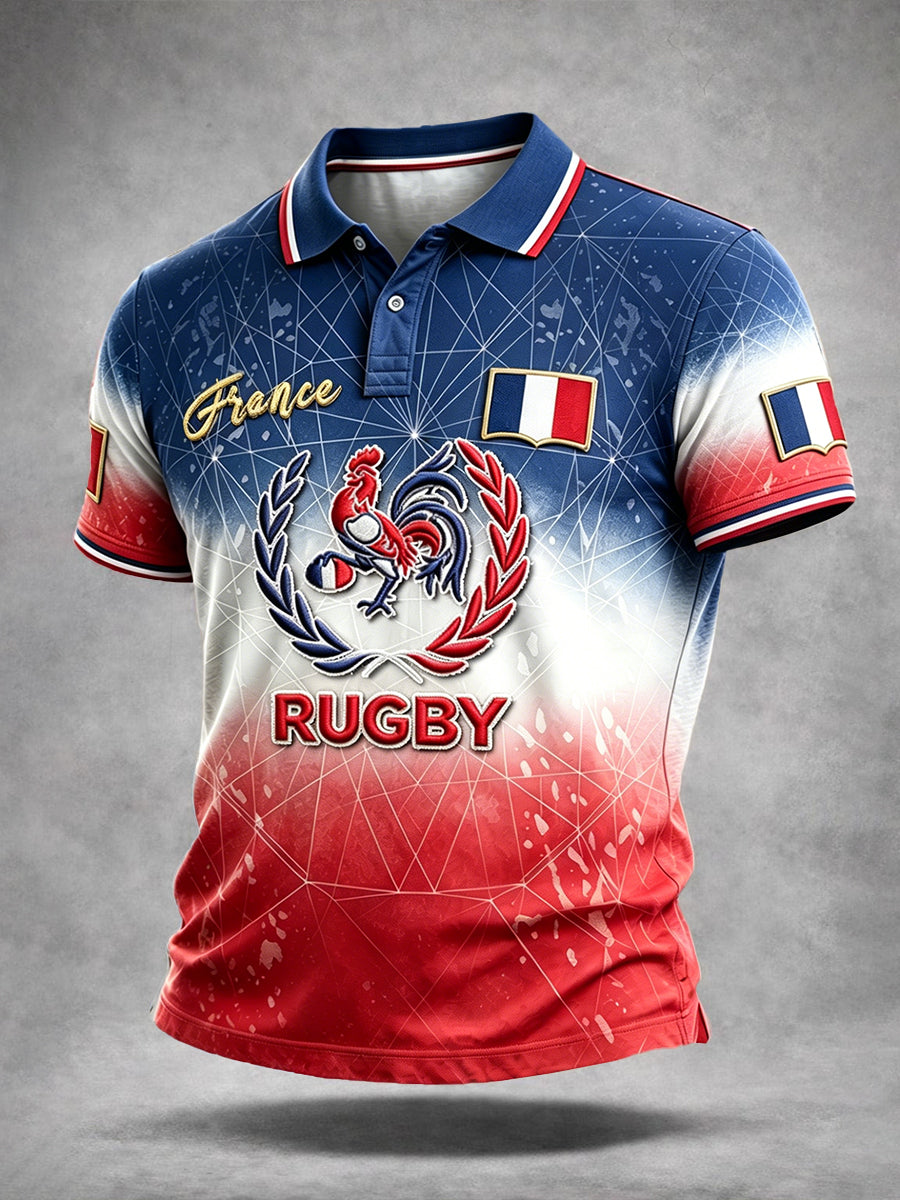 Polo décontracté à imprimé dégradé coq de rugby français pour hommes
