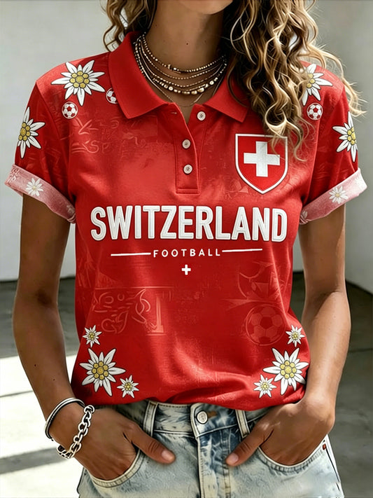 Damen-Poloshirt mit kurzen Ärmeln und Fußball-Print