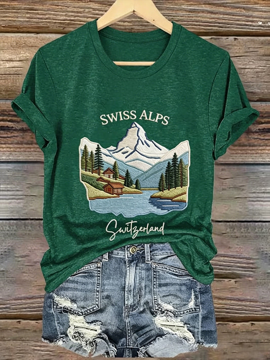 Damen-T-Shirt mit alpinem Blumenlandschaftsdruck