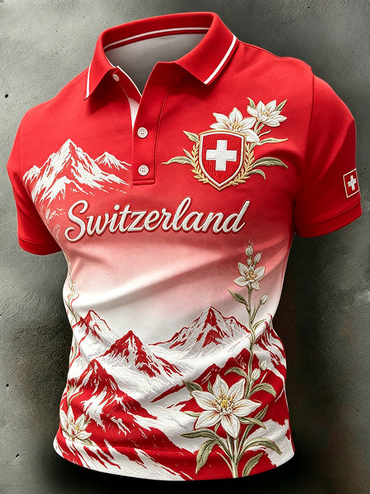 Kurzarm-Polos hirt für Männer mit Berg-und Blumen druck