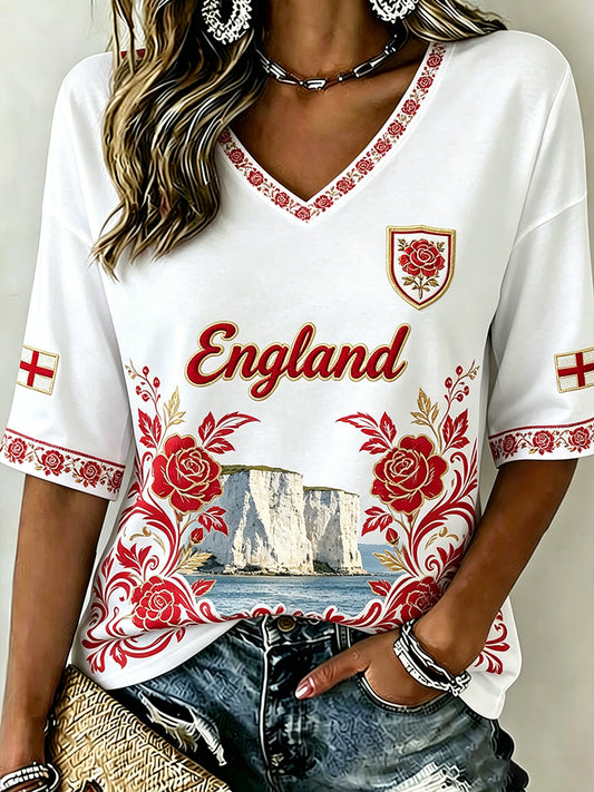 Women's England Football  Pattern Linen V-Neck Shirt