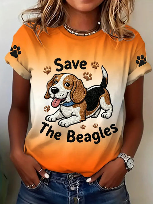 Women's Save The Beagles Print Round Neck T-shirt