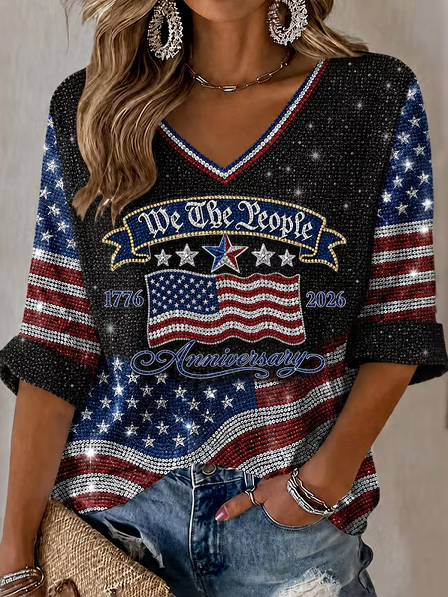 Women's Retro Independence Day USA Flag Art Print Waffle T-shirt