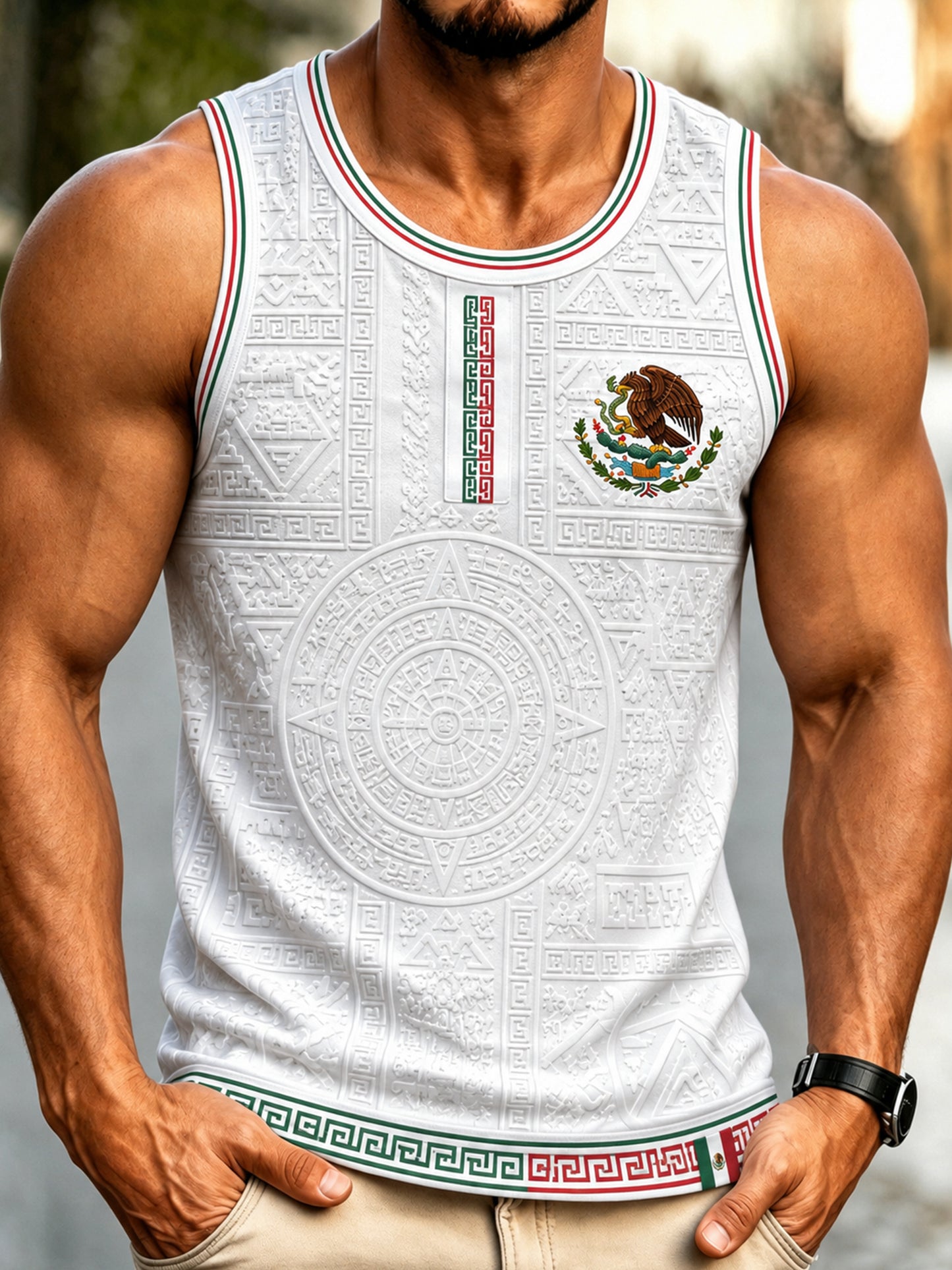 Camiseta estampada con arte totem azteca para partido de fútbol mexicano masculino