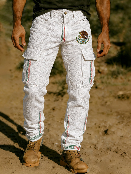 Pantalones estampados con arte azteca del fútbol mexicano para hombre