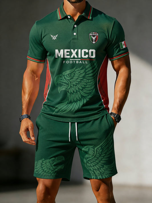 Conjunto de polo casual de manga corta con estampado de fútbol para hombre