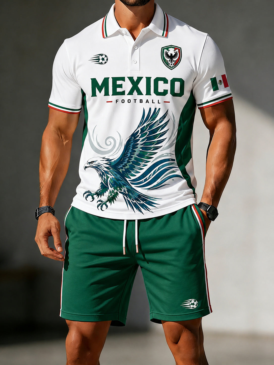 Conjunto de camisa polo informal de manga corta con estampado temático de fútbol para hombre