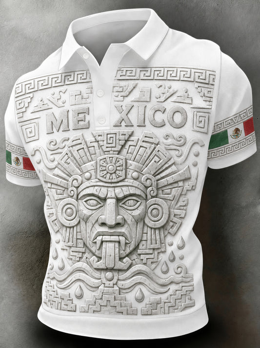 Polera para hombre con temática futbolística mexicana y estampado de tótem azteca