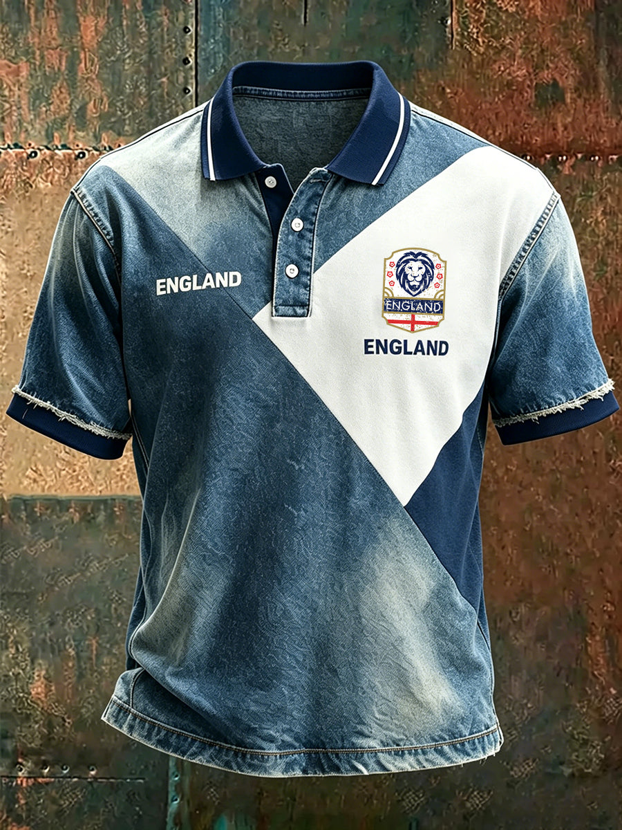 Men's Retro England Football Fan Art Print Casual Polo Shirt