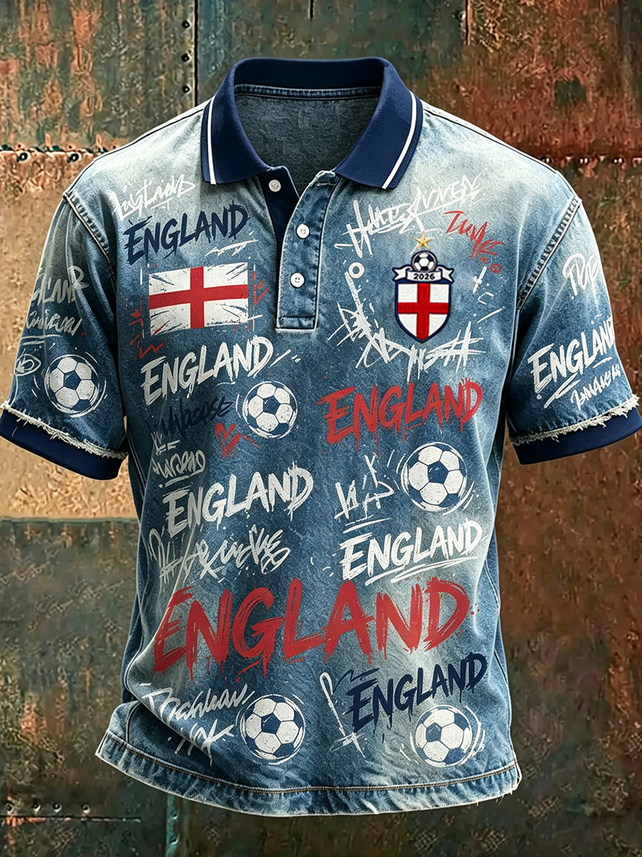 Men's Retro England Football Fan Art Print Casual Polo Shirt