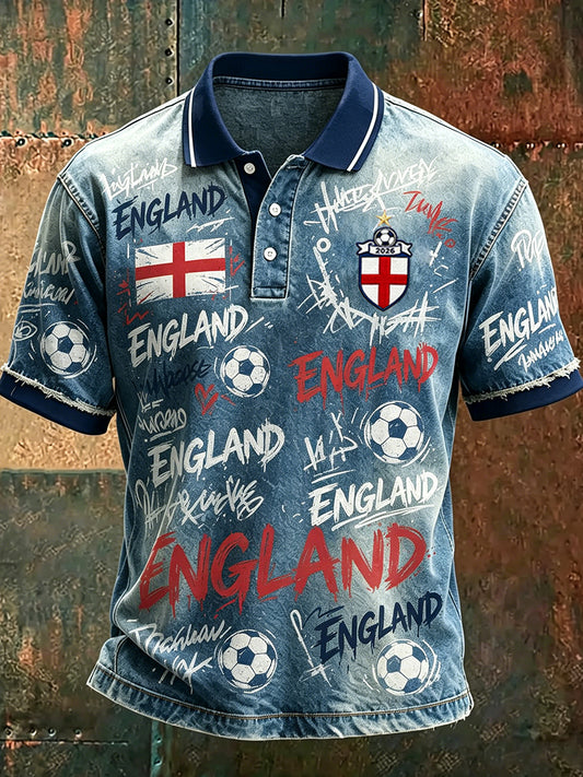 Men's Retro England Football Fan Art Print Casual Polo Shirt
