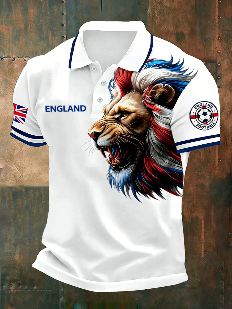 Men's Retro England Football Fan Art Print Casual Polo Shirt