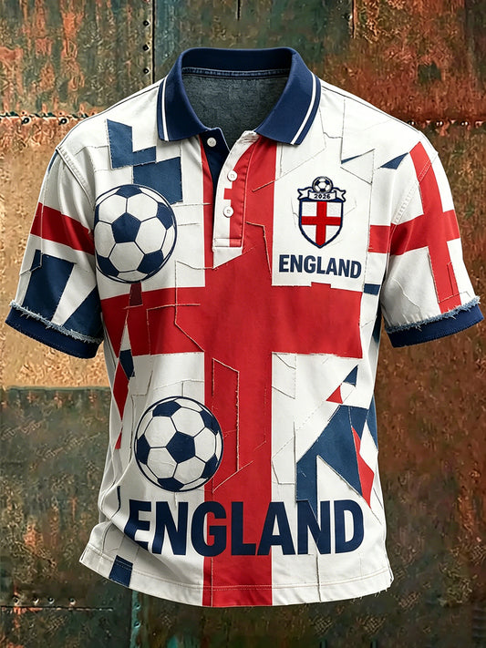 Men's Retro England Football Fan Art Print Casual Polo Shirt
