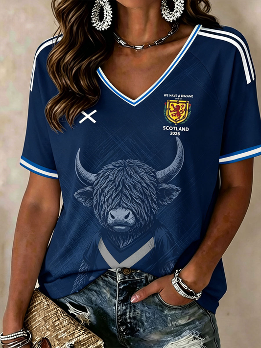 Women's Scotland Printed V-neck off-shoulder short-sleeved T-shirt