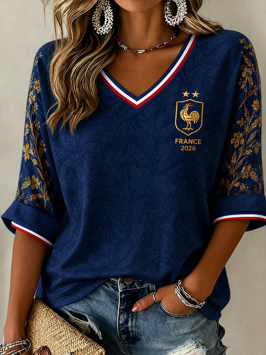 Women's France Football Pattern Linen V-Neck Shirt