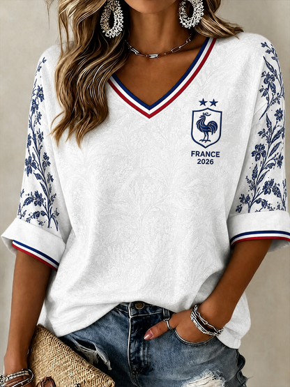 Women's France Football Pattern Linen V-Neck Shirt