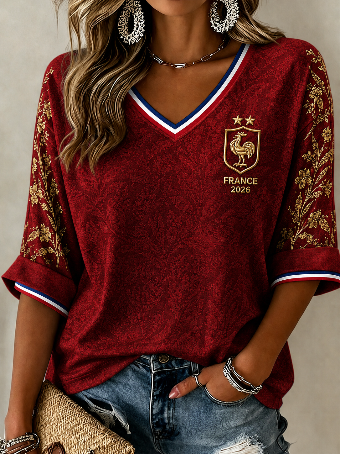 Women's France Football Pattern Linen V-Neck Shirt