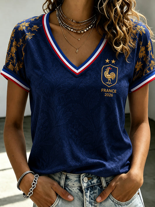 Women's France Football V-Neck Off-Shoulder Short-Sleeved T-Shirt
